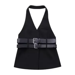 2024 Women Fashion V Neck Double Belt Design Backless Black Sleeveless Halter Tops Female Slim Camisole Vest 4315