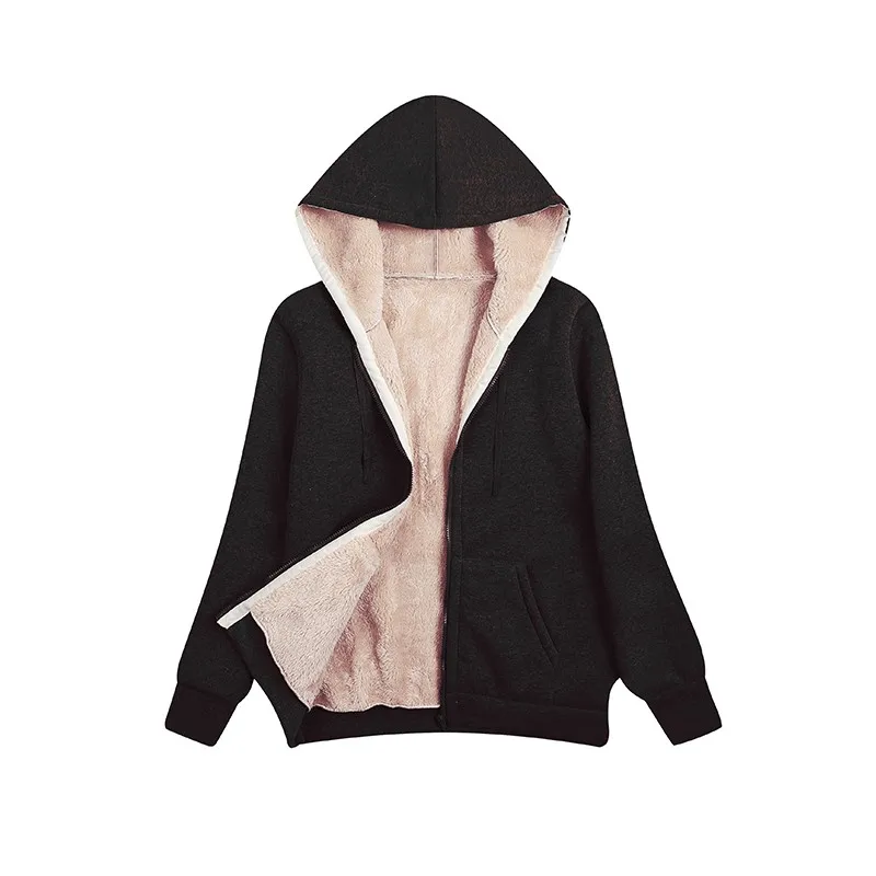 Women's And Women's Winter Clothing Sale Zip-Up Hoodie Loose Fit Long Sleeve Fleece Lined Solid Color Full Zip Pocket Casual view 2
