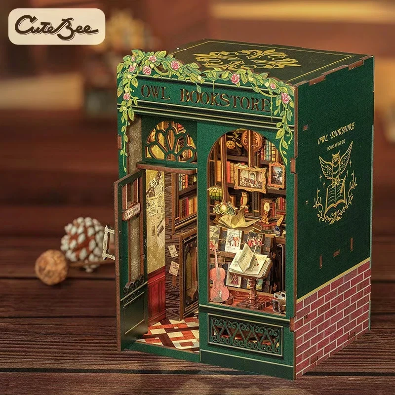 CuteBee Owl Bookstore Handmade Diy Assembled Book Nook Miniature Landscape Wooden Bookend Home Decor For Adult Hobby Collectors