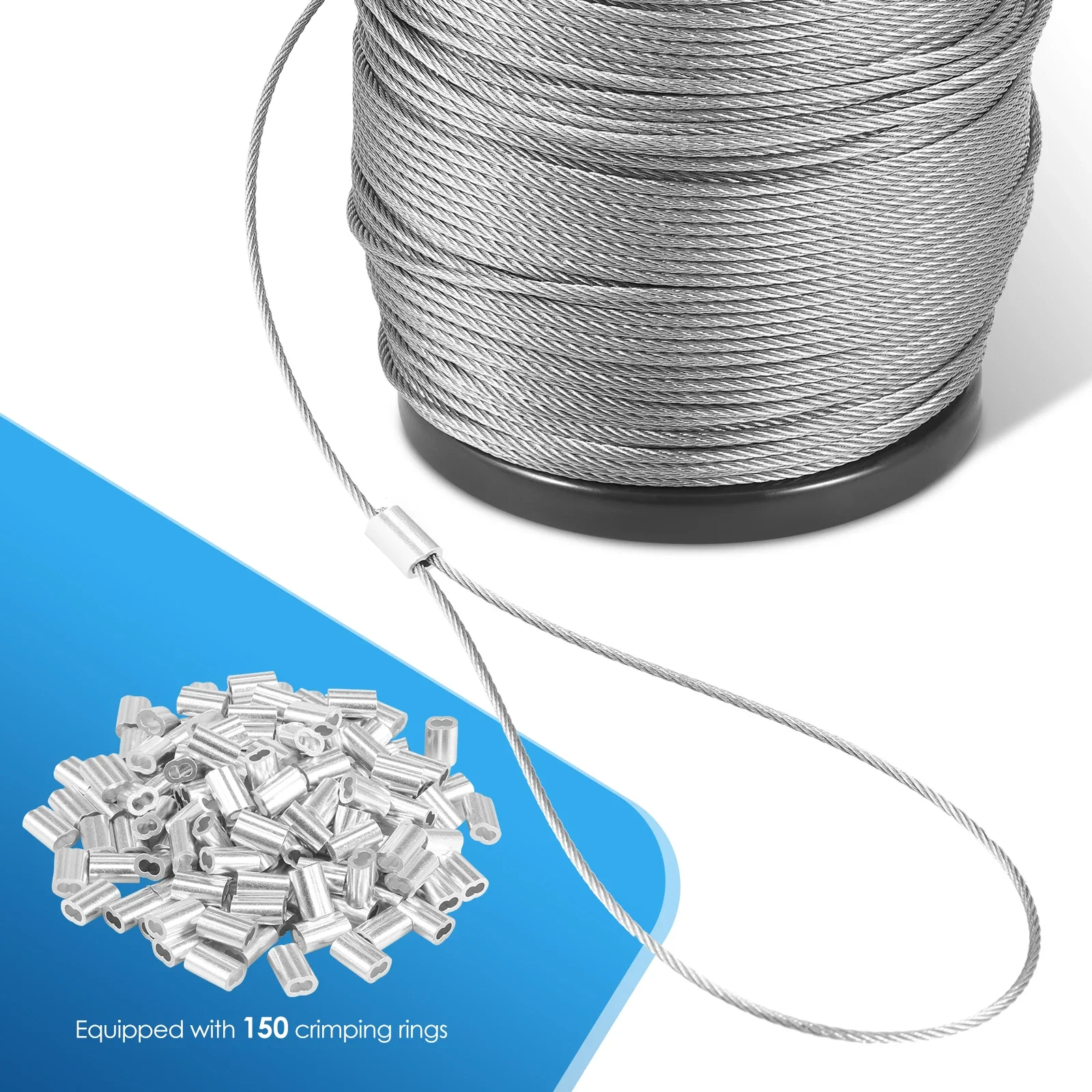 100m 304 Stainless Steel Cable 328ft  1/16inch  Wire Rope with 150Pcs Aluminum Sleeves Stops for String Lights Hanging, Clothesl