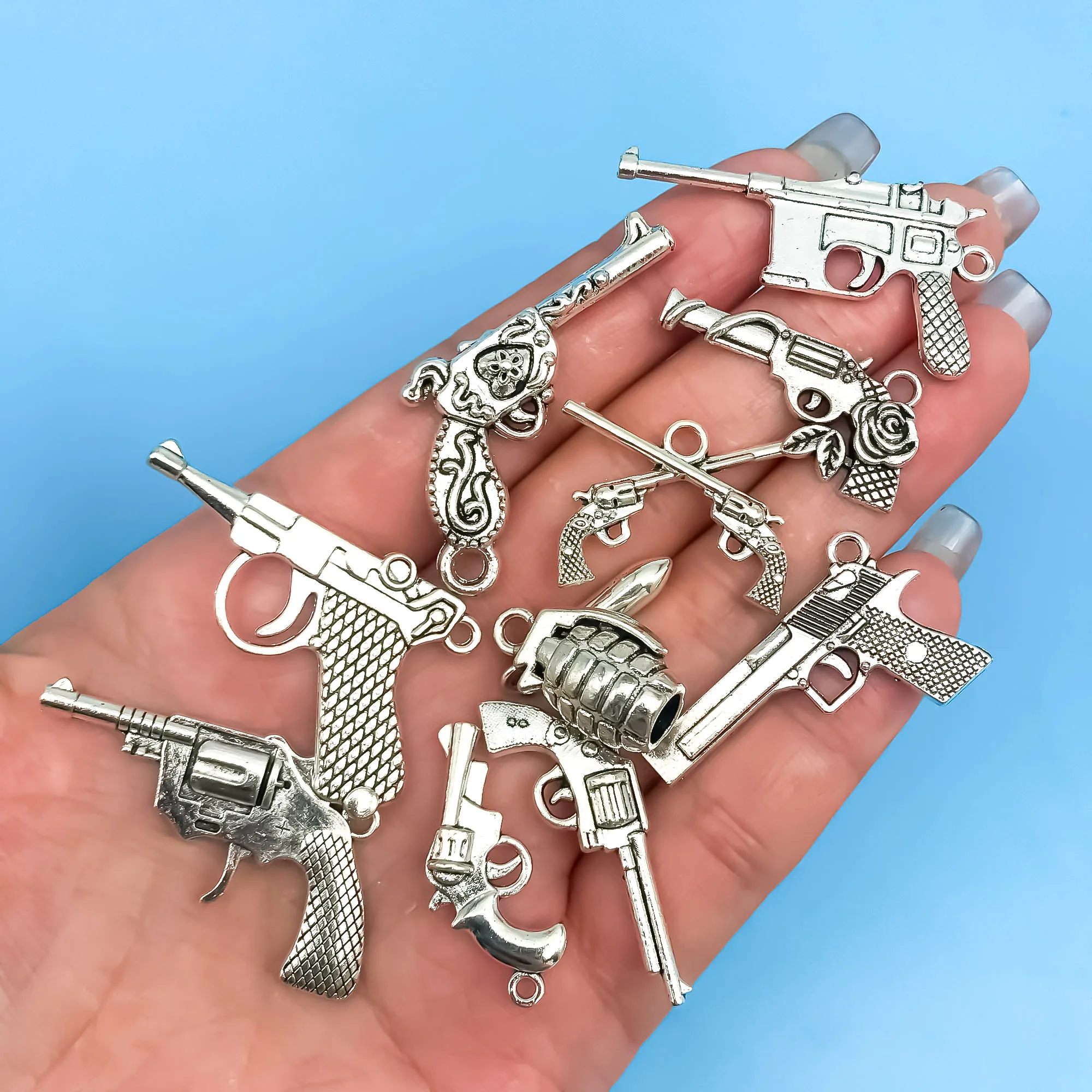 22pcs Antique Silvery Imitation Gun Small Charms DIY Alloy Jewelry Accessories Pendant Weapon Bullet Necklace Ornament Pendant