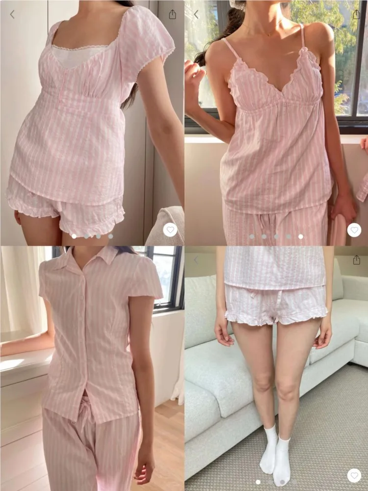 Pink Striped Silver Line Blouse Sets Women Lace Trim Casual Camisole+Drawstring Short Pants Sweet Cute Home Outfits Collection