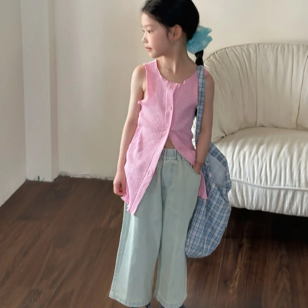 2025 Summer New Children's Clothing Korean Children's Clothing Girls Medium and Long Vest Sleeveless Single-breasted Vest