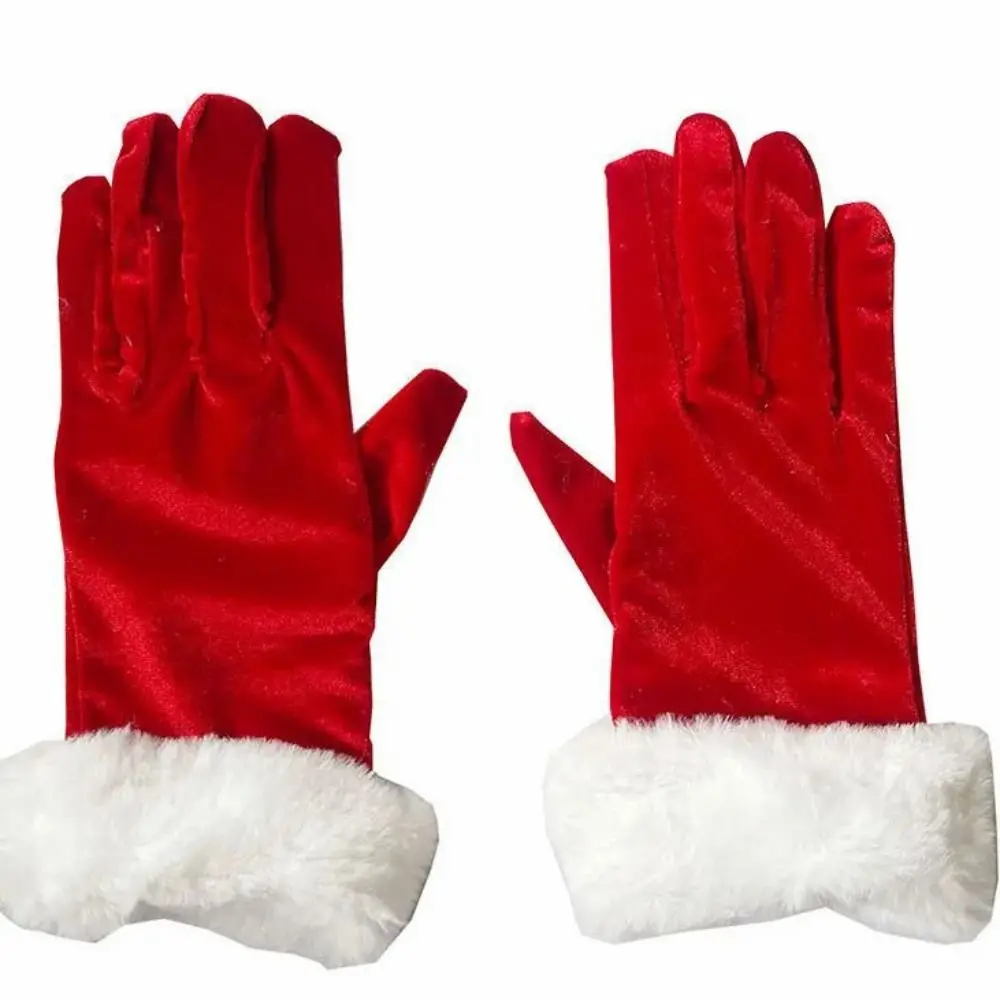 Thickened Christmas Gloves Warm White Fur Trim Velvet Mittens Soft Comfortable To Wear Full Finger Gloves Fancy Dress Party