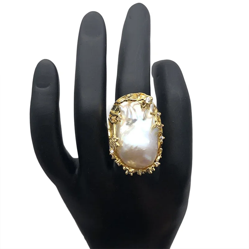 خاتم لؤلؤي كبير غير منتظم للمياه العذبة الطبيعية على الموضة الفاخرة لون ذهبي/فضي خواتم مبالغ فيها قابلة للتغيير للنساء #2