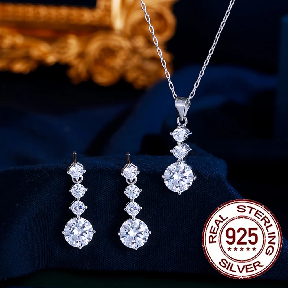 

CWWZircons S925 Silver Delicate Cubic Zircon Round Long Drop Dangle Necklace Earrings Wedding Party Jewelry Sets for Women ST017