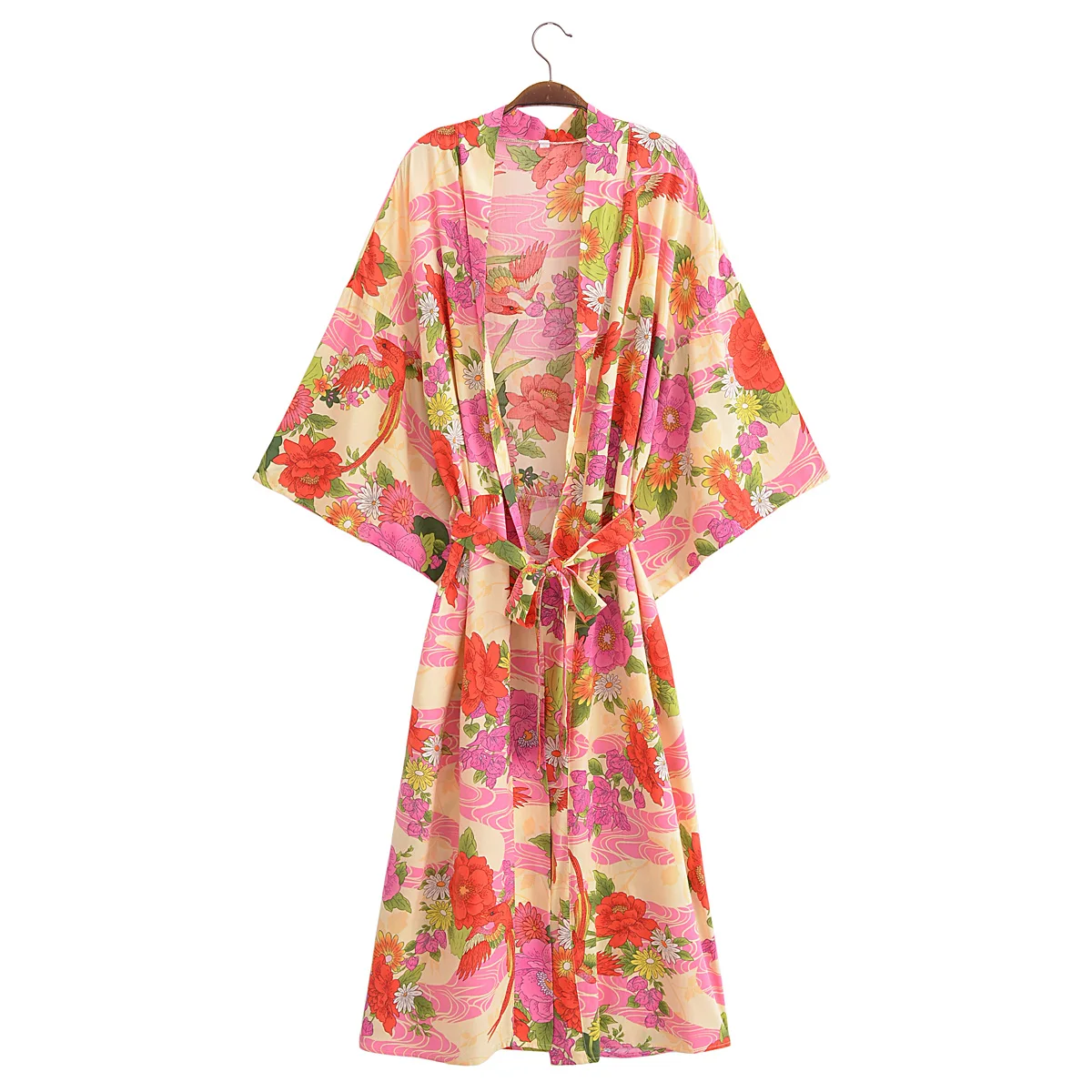 2024 BOHO Orange Flower Bird Print Long Kimono Shirt Ethnic Lacing up Sashes Midi Long Holiday Cardigan Robe Loose Blouse Tops