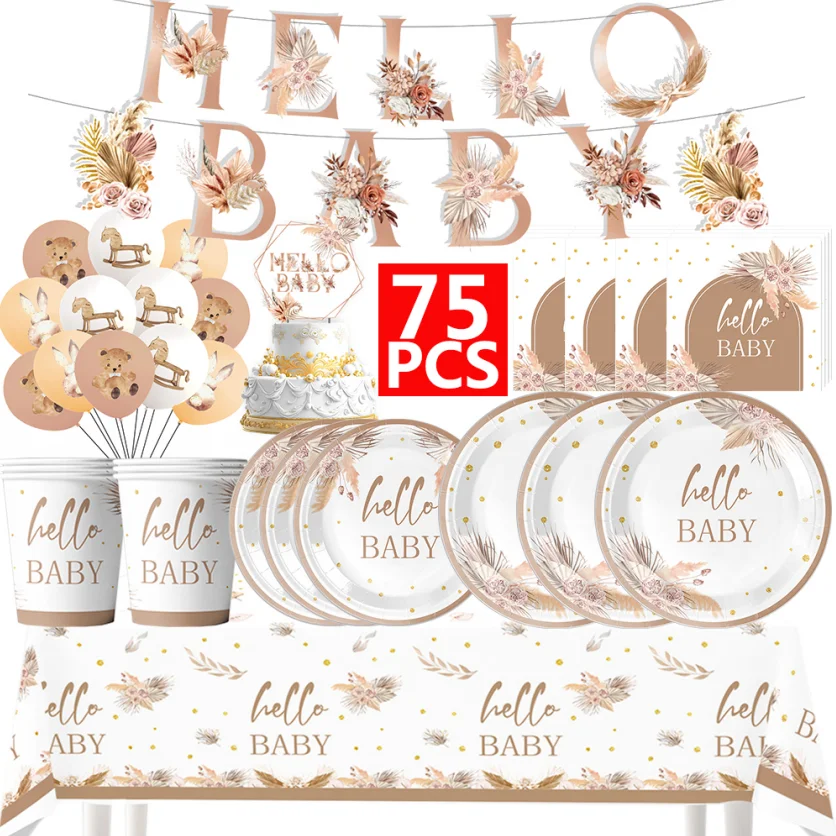 Zestaw balonów urodzinowych dla dzieci Hello Baby Boy Girl DIY Cake Topper Paper Tableware 1st Birthday Party Baby Shower Decorations