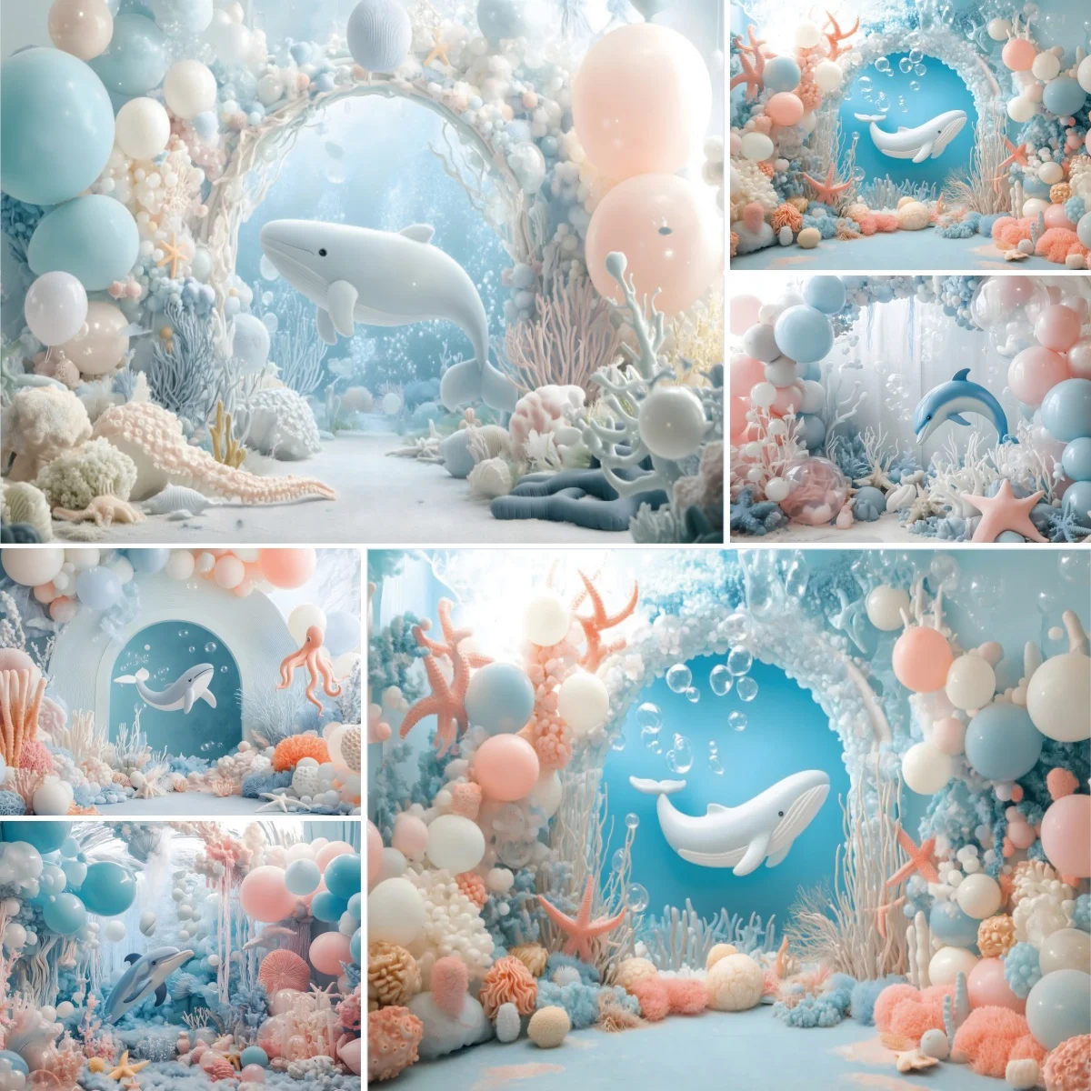Blue Ocean Underwater World Backdrop Whale Dolphin Octopus Starfish Shell Coral Balloons Baby Shower Birthday Party Decorations