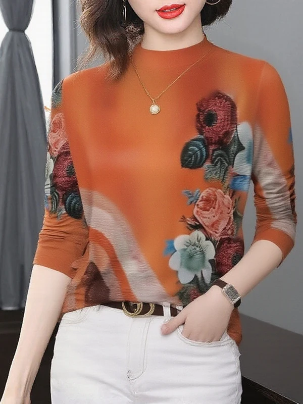 

Fashionable Long Sleeve Fleece Lined Thickened Half High Collar Printed Base Shirt Women Middle Age Slimming Anti Aging Top