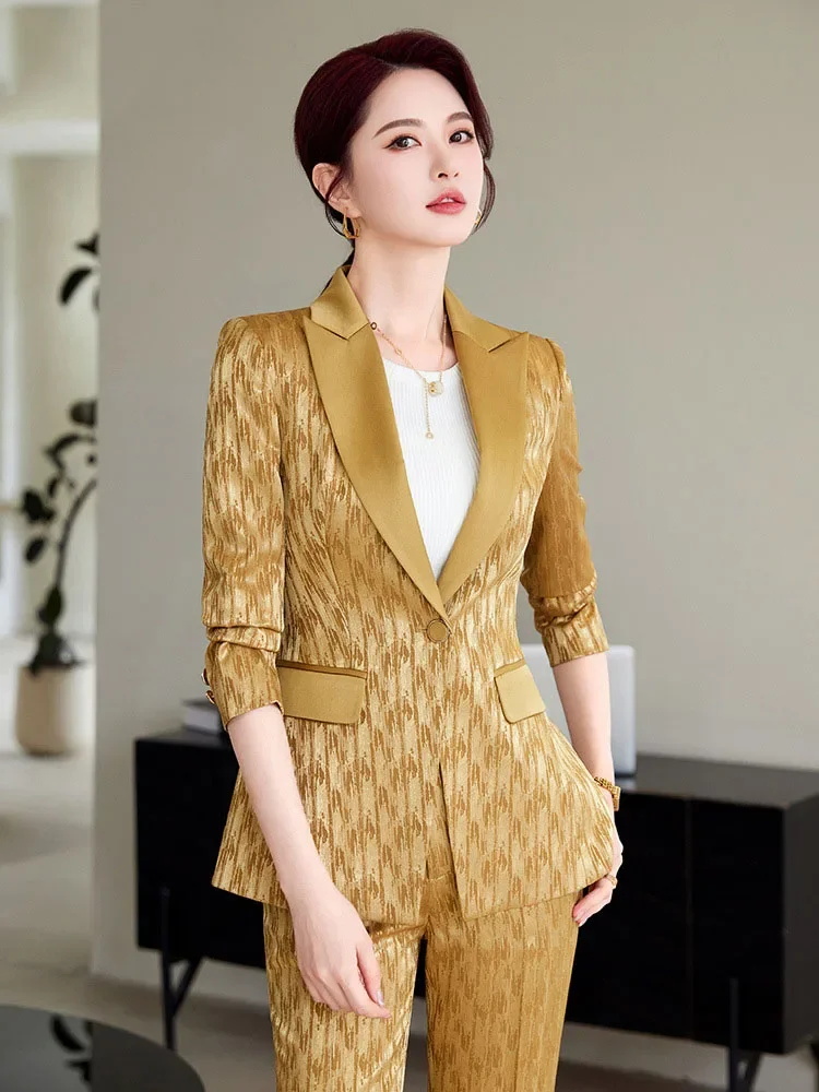 Pop Office Ladies Formal Pant Suit 2 Piece Set Women Yellow Pink Female Long Sleeve Business Work Wear Blazer Jacket And Trouser