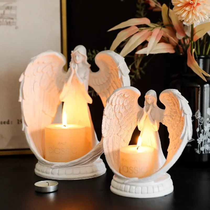 

White Angel Prayer Candle Holder for Church - Resin Religious Decor, Altar Decoration with Guardian Angel Statue