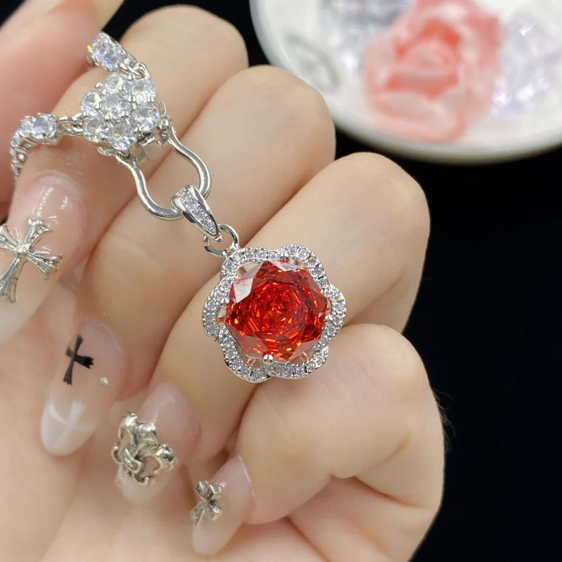 Rose Cut Octagon Chinese Red Zircon Full Diamond Necklace Pendant Light Luxury Open Ring Earrings