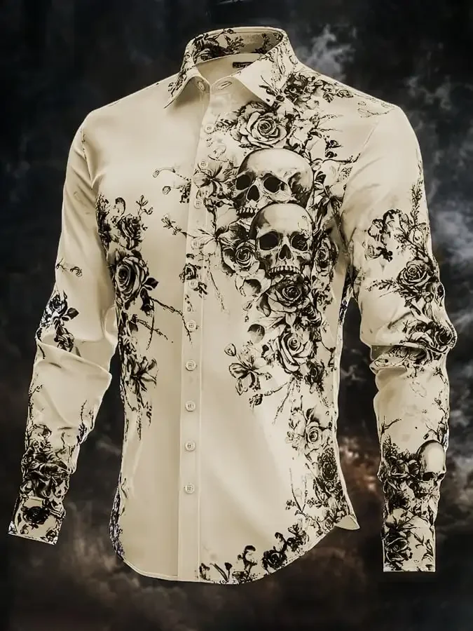 Mens Shirt Stripe Graphic Print Skull Outdoor Streetwear Long Sleeve Button Clothing Fashion Street Simple Trendy Design