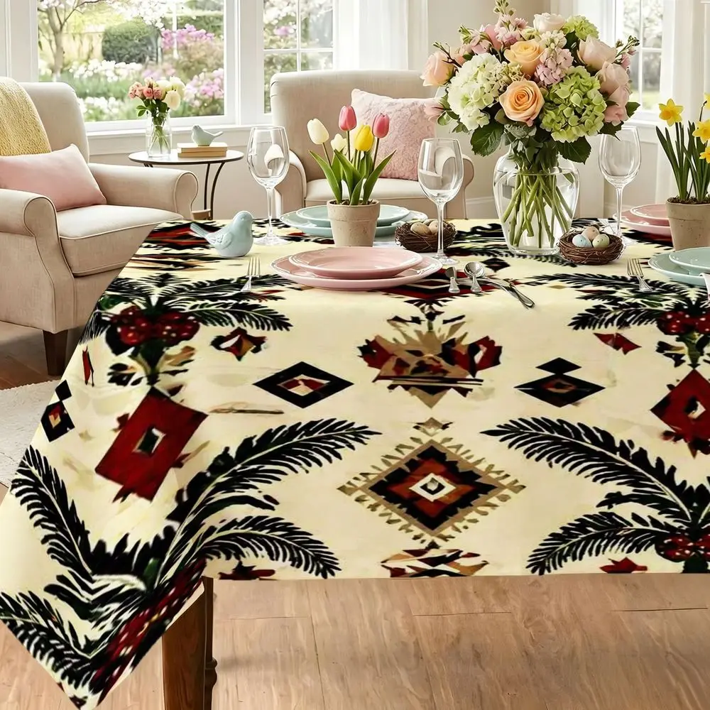 Southwestern Palm Fronds Tablecloth - Cream with Black, Red & Beige Geometric Palm Print, Rectangular Suitable for Indoor/Outdoor Use, Farmhouse Kitchen Decor, Polyester Dining Cloth Covering Table for, Dining Room