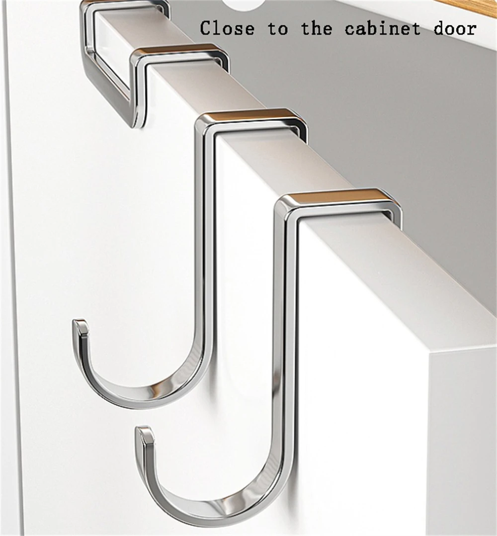 5pcs/bag Stainless Steel Hook Double S-Shape Hook No Hole Kitchen Bathroom Cabinet Door Reversible Hanger For Hanging Towels