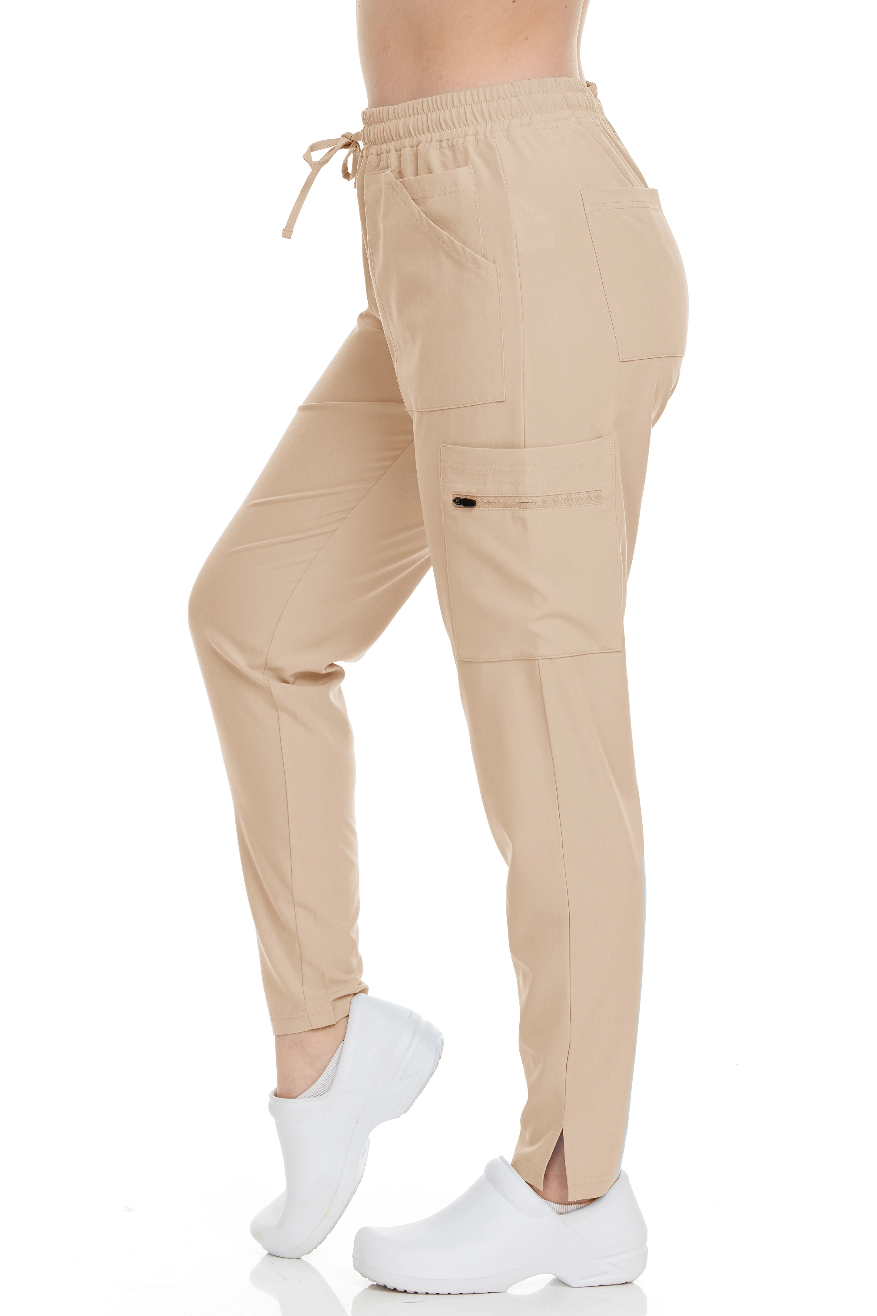 여성용 테이퍼 팬츠, 카고 포켓 4 개, 측면 지퍼 2 개, 전면 포켓 2 개, 코인 포켓 2 개, 힐링 및 웨어