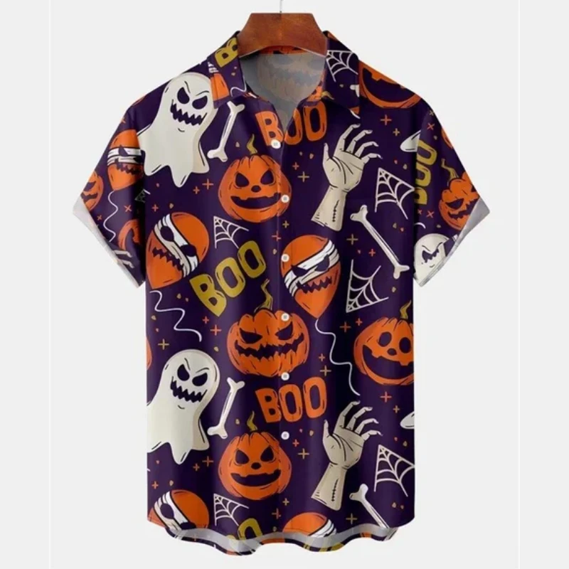 Men's Halloween Pumpkin Head Graphic Tops, Camisa de Botão, Estampada, Manga curta, Grande tamanho, Festa, Feriado, Lapela