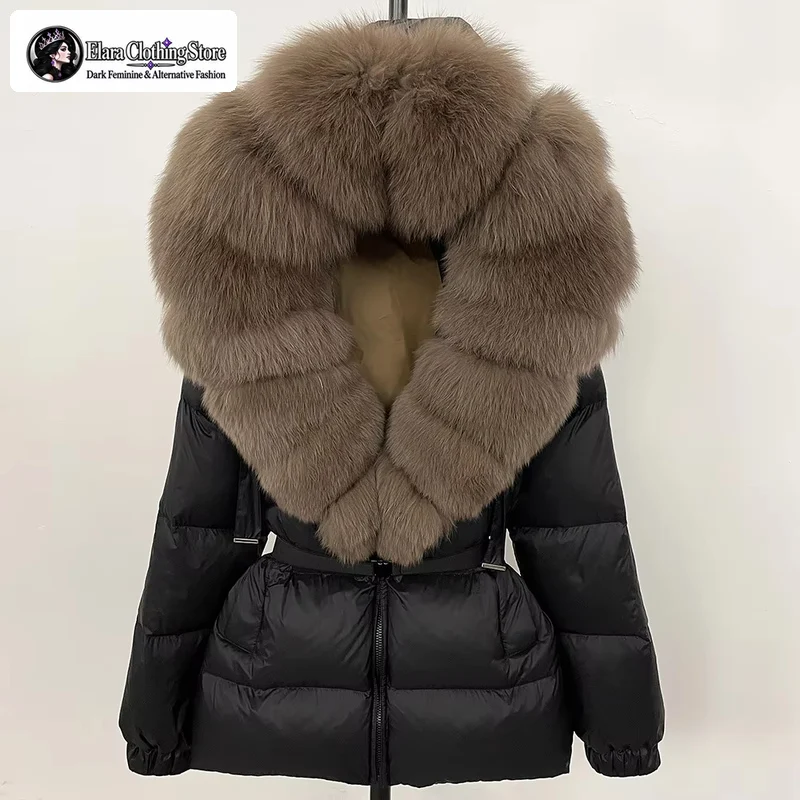 Elara Retro Y2k Style Real Fox Fur Collar Hooded Women's Down Jacket for Winter 2026, 90% White Duck Down Thick Warm Coat