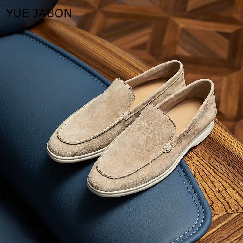 Gery Genuine Leather Flats Blue Men's Slip-On Loafers Cow Suede Casual shoes Lightweight Daily Wear Outdoor Comfortable Shoes