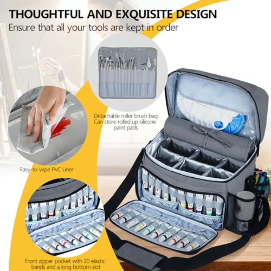 Сумка-органайзер для набора акриловых красок и кистей со съемным держателем кисти для рисования в путешествиях и на открытом воздухе — компактная переноска