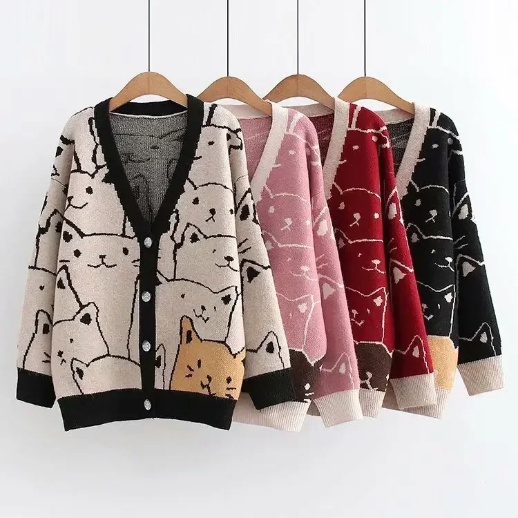 

Harajuku Kawaii Cartoon V Neck Cardigan Women Y2k Cat Vintage Knitted Sweater Female Retro Fashion Long Sleeve Knitwear Coat