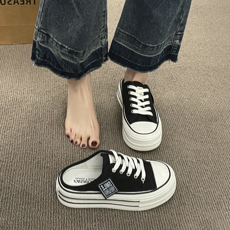 2026 Summer New Thick Sole Heel-Up Slippers Trendy All-Matching Lazy One-Step Slides Fashion Casual Canvas Shoes for Women