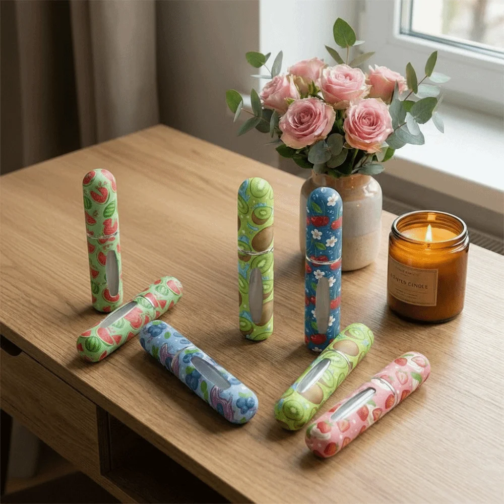 5ml Mini Perfume Bottle Empty Refillable Spray Rotating Bottle Storage Sprayer Fruit Print Spray Atomizer Bottle Travel Use