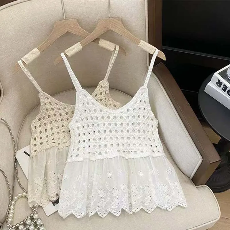 Boring Honey New Bohemian Ethnic Style Embroidery Hollow Out Knitted Cami Top Women Summer Short Sleeveless Vest Fashion Blouse