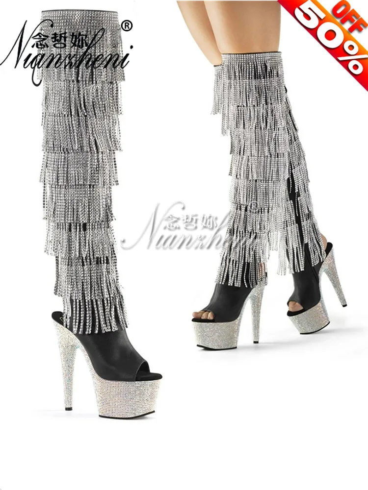 17cm Fringe Over The Knee Boots Rhinestone Peep Toe Exotic Dancer Thin Heels Platform Nightclub Cross Dressing Catwalk Gothic