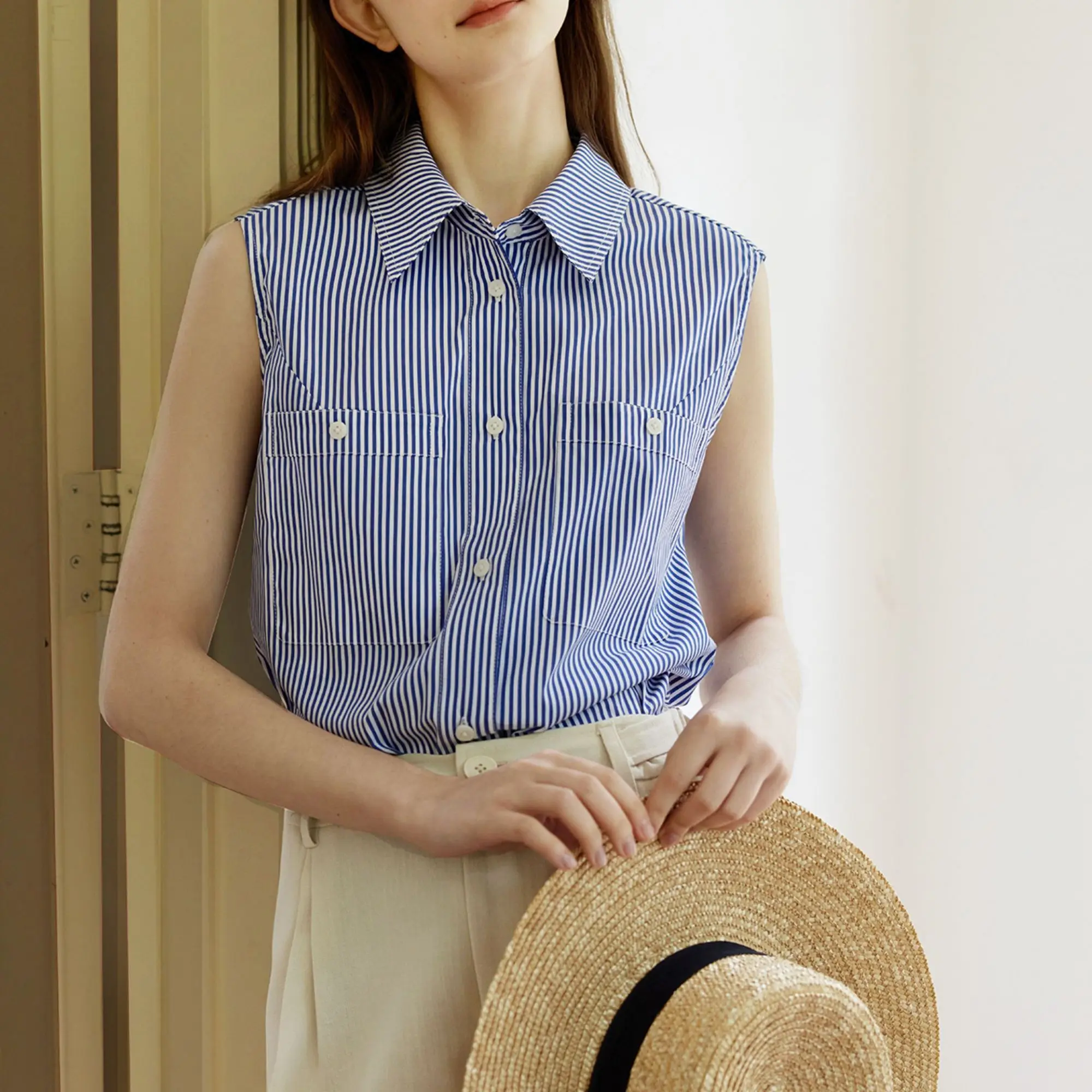 Retro Koszulka w Paski Luźna Casualowa Damska Letnia Lekka Łatwa w Pielęgnacji Oddychająca Poliestrowa Bluzka