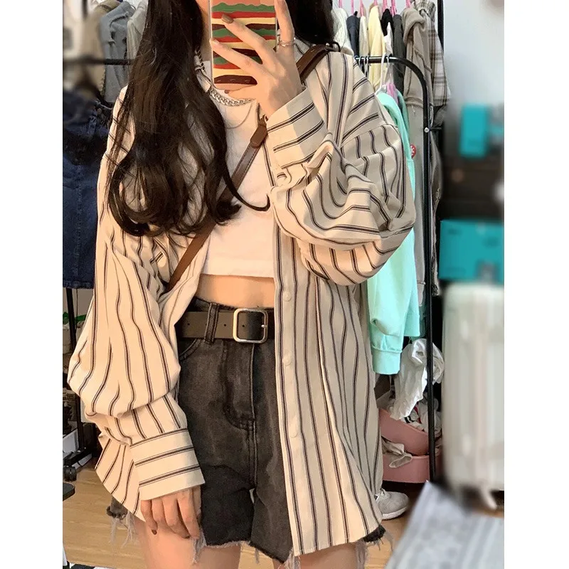 Korean Style Spring Autumn Women\'s Shirts Casual Coat Striped Thin Long Sleeves Design Sense Loose Coat