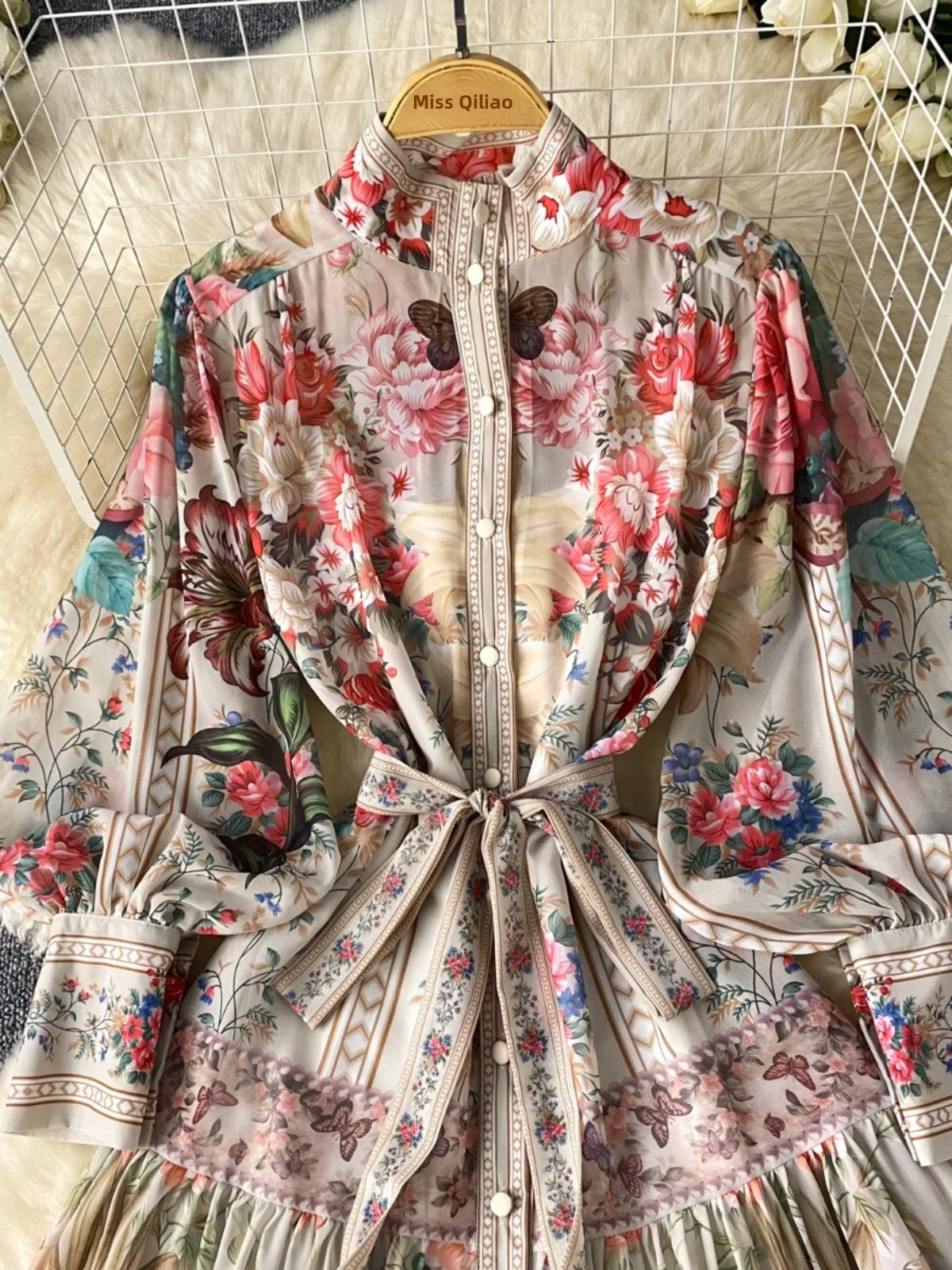 Retro Court Style Floral Print Women's Dress Lantern Sleeve Waist Cinched Single Button Design Long Skirt Korean Version High...