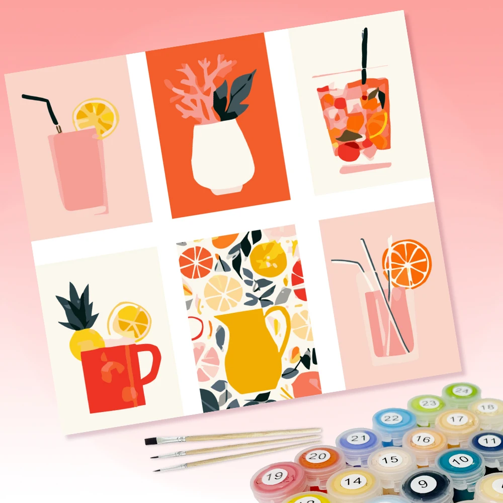 6 pieces of DIY coloring paintings with fruits and drinks, wonderful experience, suitable for home wall decoration.
