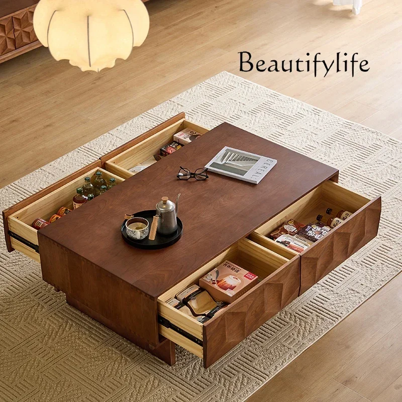 vV Cherry wood all solid wood French retro style carved coffee table living room home medieval rectangular tea table