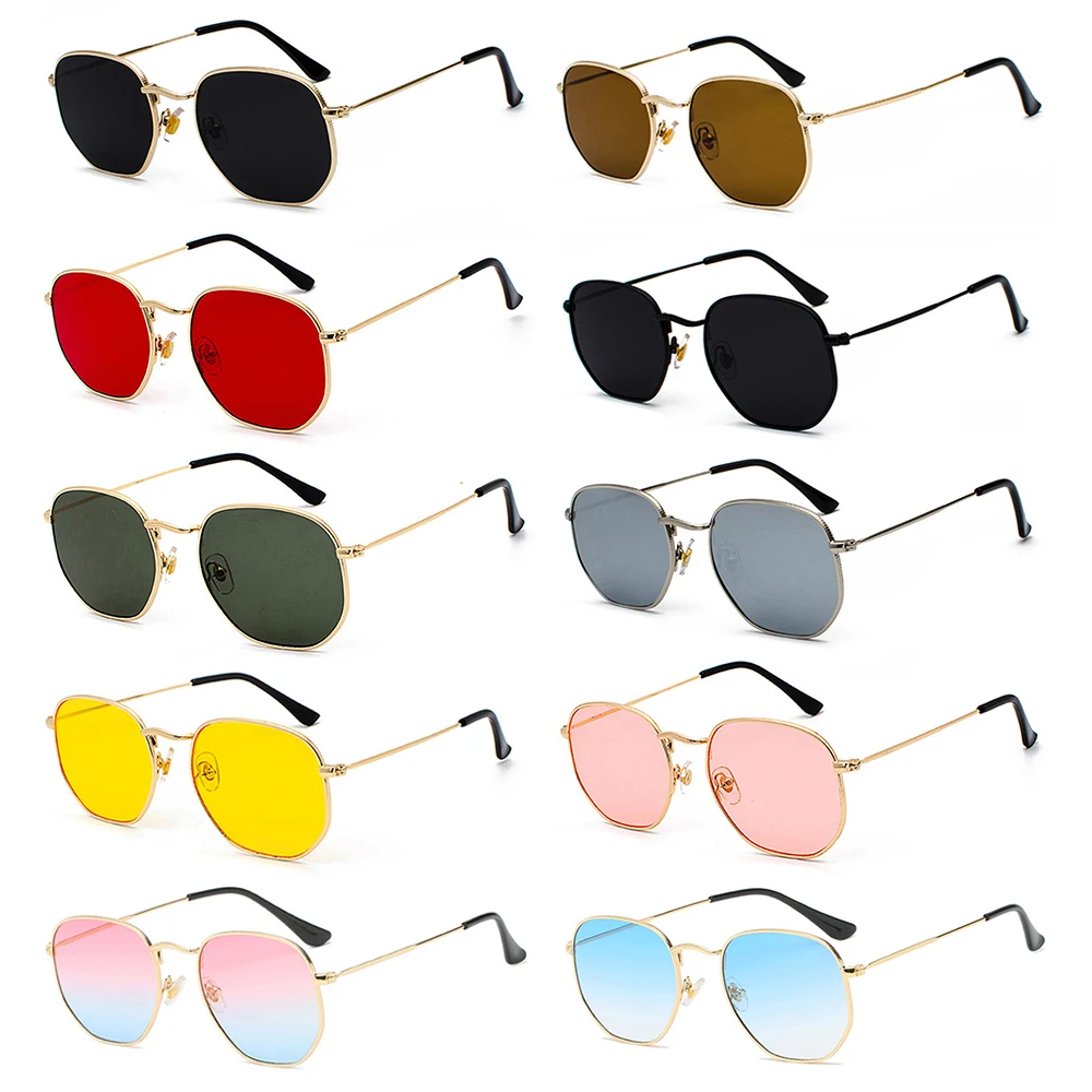 Fashion Glasses Metal Frame Driving Sunglasses for Men and Women Small Square Sunglasses Polygon Mirrored Lens Sun Glasses