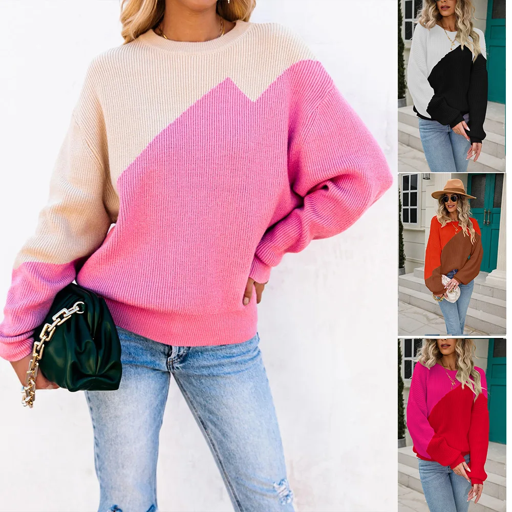 

2026 Spring Clothing Sweater Color blocked Bat Bat Round Neck Knitted Sweater