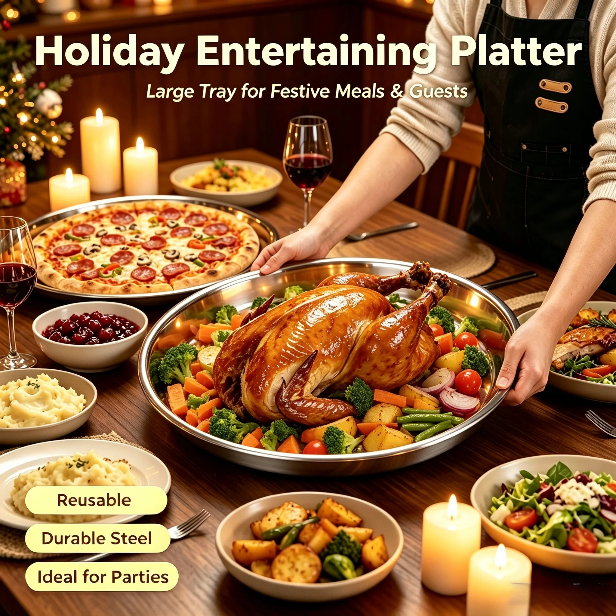 3Pcs/36+38+40 Stainless Steel Round Plates, Large Serving Trays, Household Baking Trays, Bbq Grilling Plates, Food-Grade Stainless Steel Dinner Plates, Holiday Party Platters, Commercial Buffet Flat Trays, High-Temperature Resistant Prep Plates, Pizza and Turkey Presentation Trays, Easy-To-Clean Stainless Steel Dinner Plates