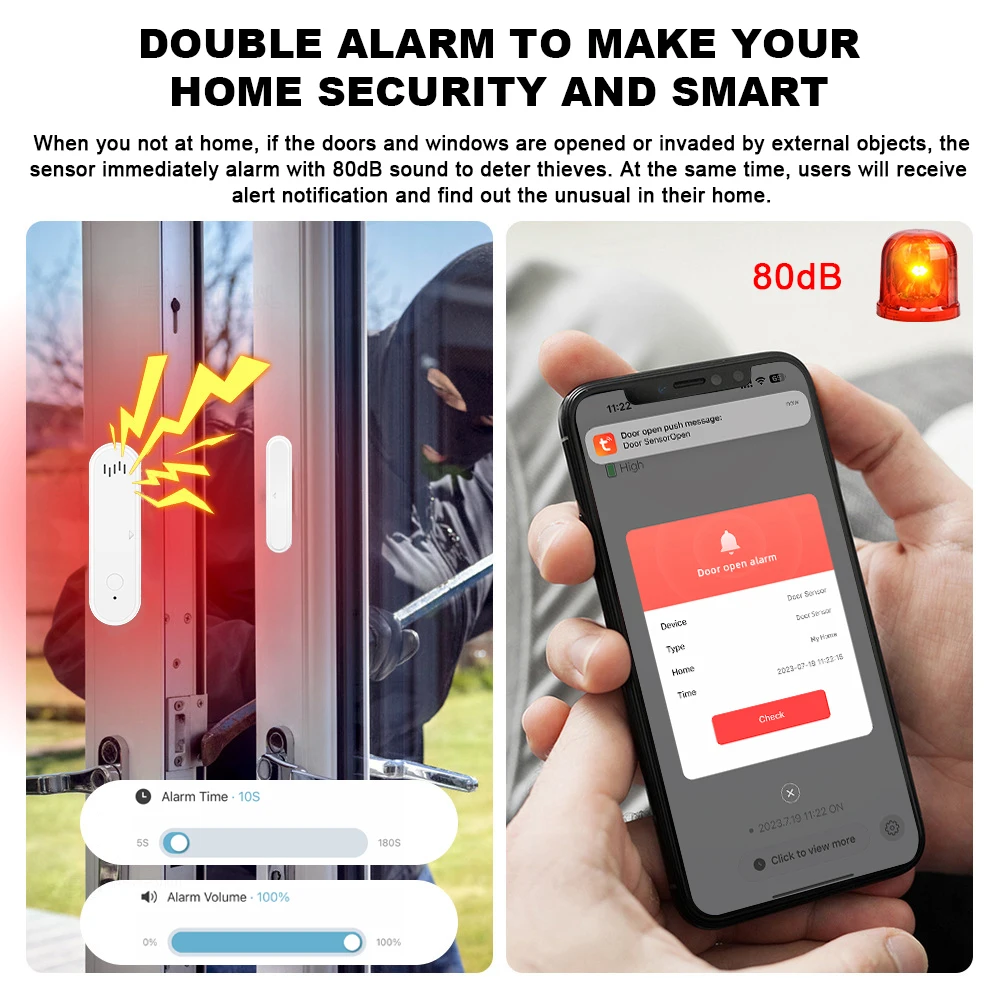 Tuya WiFi Door Window Sensor Opened/Closed Alert Detector 80dB Sound Timed Arm Disarm Door Sensor APP Alert Home Security Sensor
