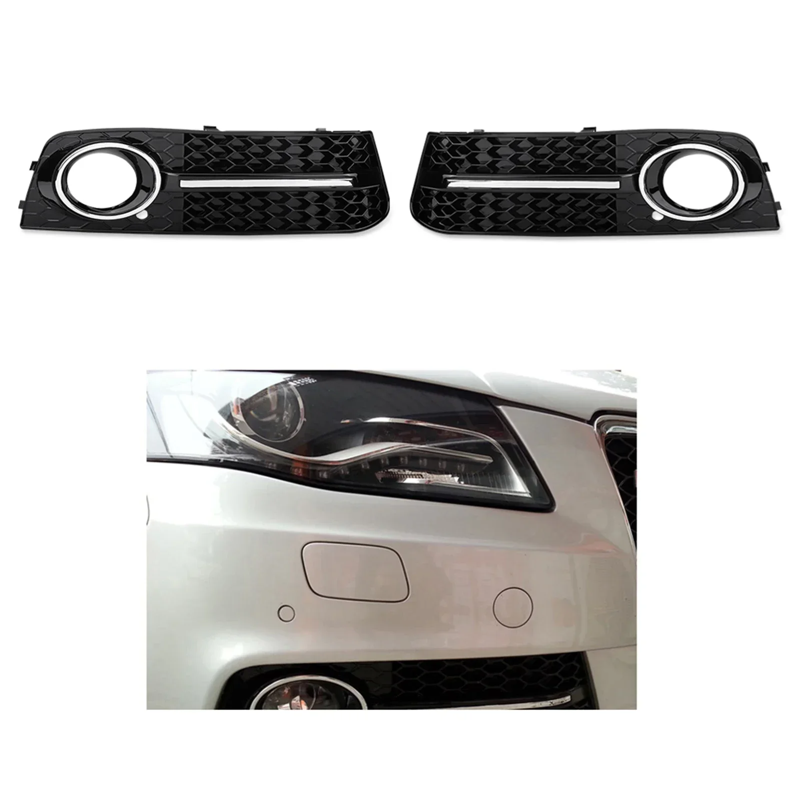 

Car Grille Black Fog Light Bezel ABS With Bright Strip Direct Bolt-on Pair For Audi A4 B8 S4 2009-2012 Front Decoration