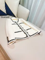 Guesed French Vintage Elegant Coat Ladies Top Quality Unique Top Autumn Outerwear Female White Tweed New Arrival