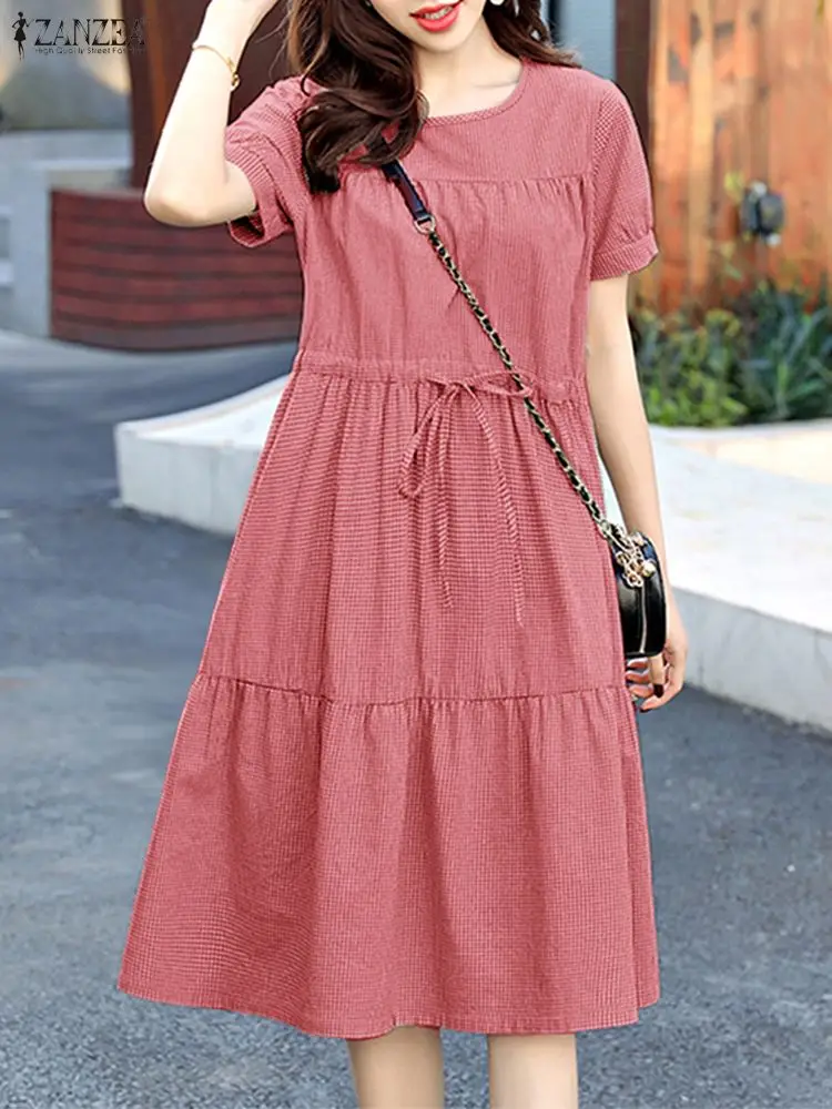 ZANZEA Women's Tiered Dresses Summer O-Neck Shor Sleeve Drawstring Waist A-Line Midi Dress Gingham Daily Wear Weekend Dressing