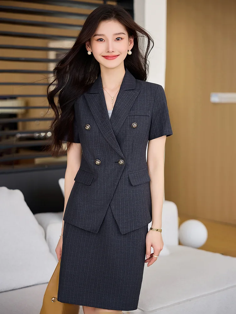 

Summer short-sleeved striped suit set for women, elegant double-breasted professional attire, hotel administrative front desk wo