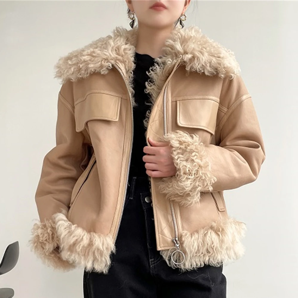 2023 Khaki Tigrado Shearling Fur Coat Women Winter Fashion Cool Casual Daily Winter Warm Real Fur Jackets