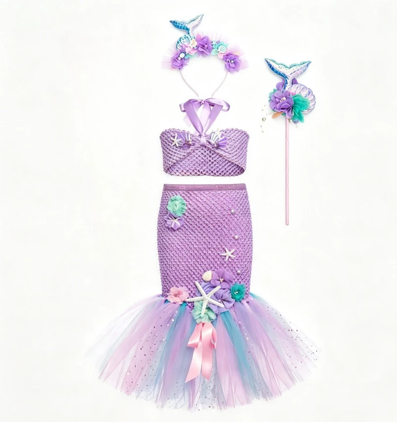 Sweet Mermaid Tail Starfish Shell Decoration Tulle Skirt 2 Piece Swimsuit Set Children Holiday Beach Pool Party Dress Up Outfit