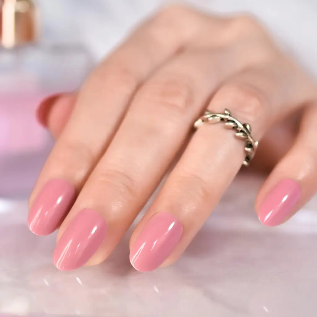 Solid Color Pure Pink Glossy Manicure At Home Medium Oval Fingernails Press On Nail Tips Fake Nails Art False Nails For Daily