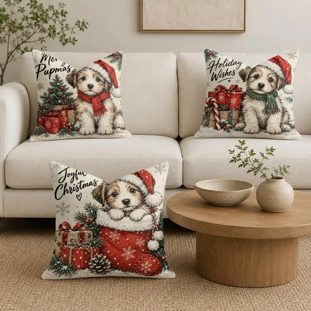 Christmas-Themed Cozy Dog Cushion Cover Linen Double-Sided Printed Pillow Case for Sofa Couch Bedroom Living Room