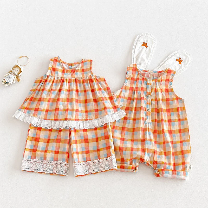 2026 New Summer 0-5Yrs Children Clothes Suit Baby Girls Clothing Set Sleeveless Cotton Plaid Vest+Pants