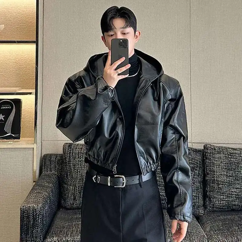 LUZHEN Elastic Hem Hooded Short Leather Jacket Elegance Luxury High Quality Motorcycle Solid Color Male Versatile Coats LZ6325
