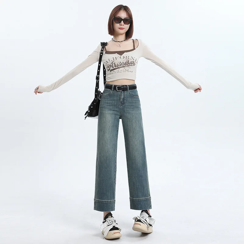 

High Waist Straight Leg Denim Jeans Women's plus Size Elastic Concealing Wide Leg Smoke Tube Nine Points Pants